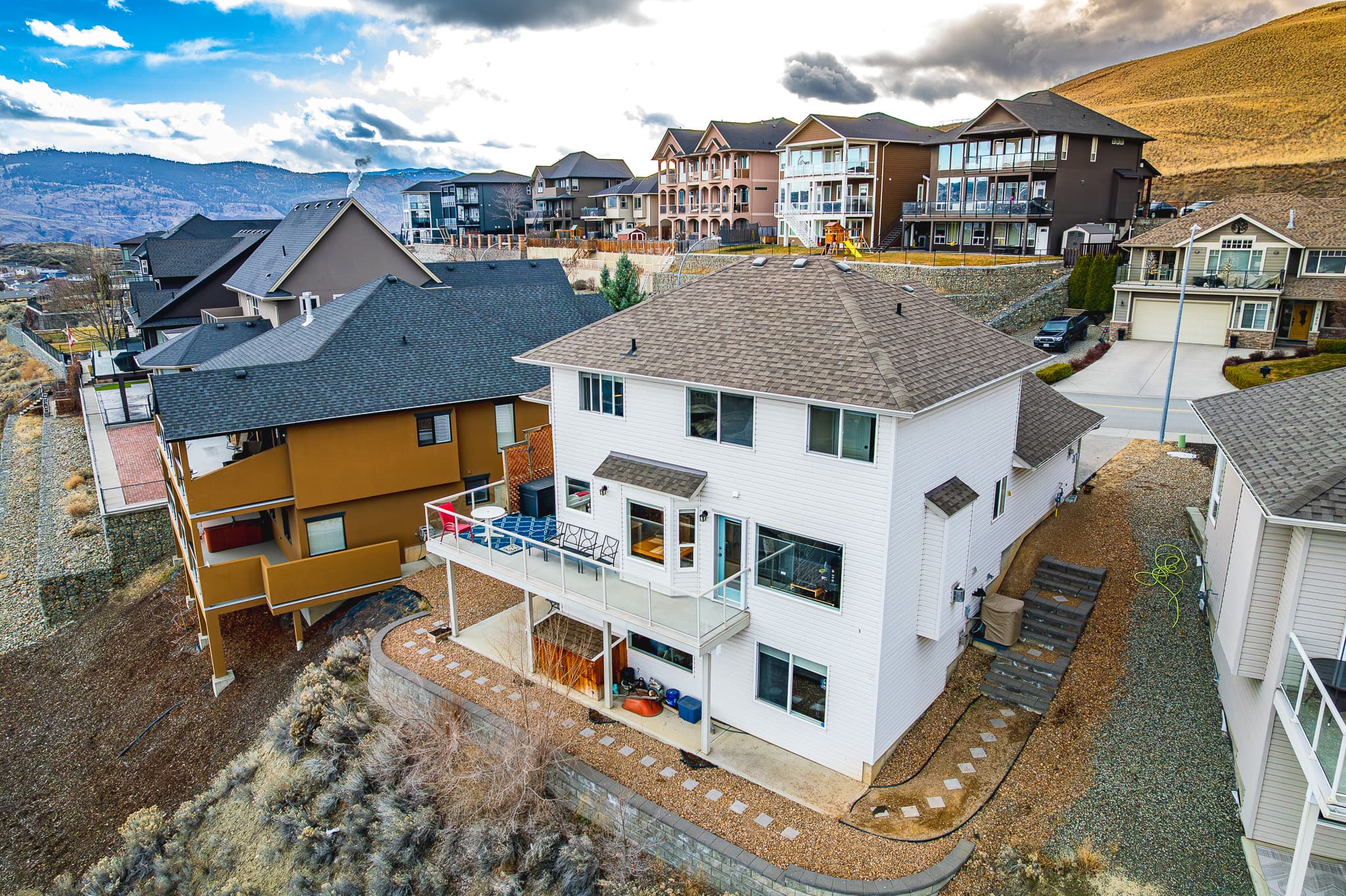 Drone shot of rear of house on the hillside