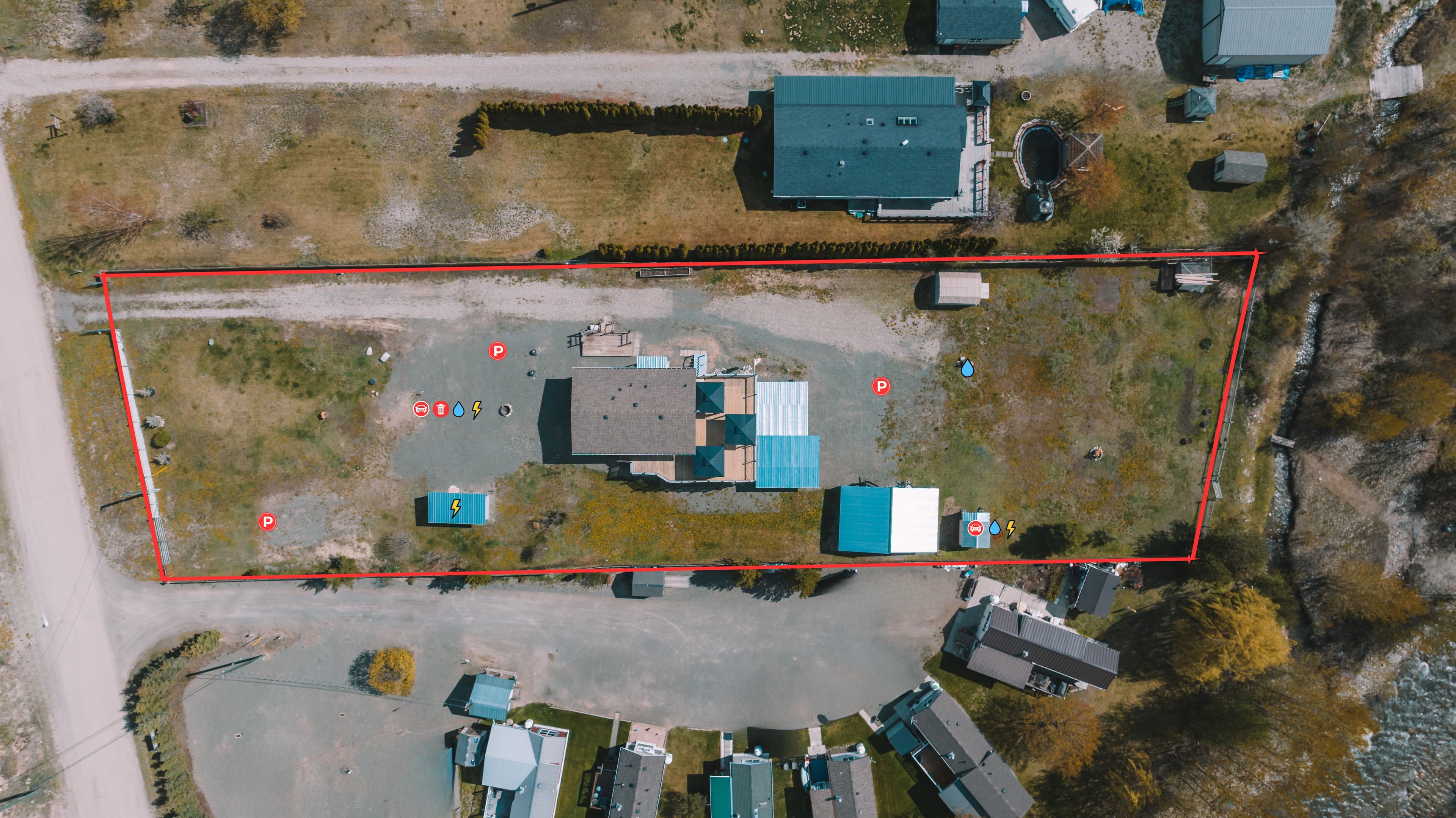 Annotated aerial map showing property boundaries and infrastructure locations